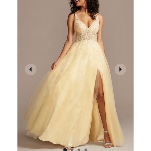 Tulle Ball‎ Gown embroidered rhinestone sheer yellow maxi Blondie Nites size 13 - Picture 1 of 12